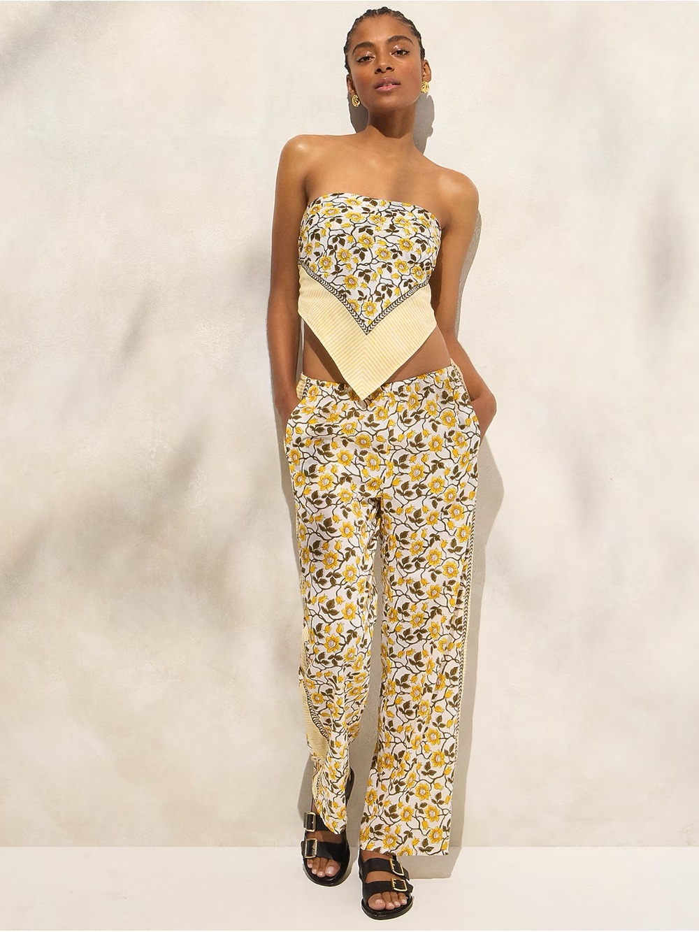 J. Crew Yellow Floral Cotton Scarf & Pant Set